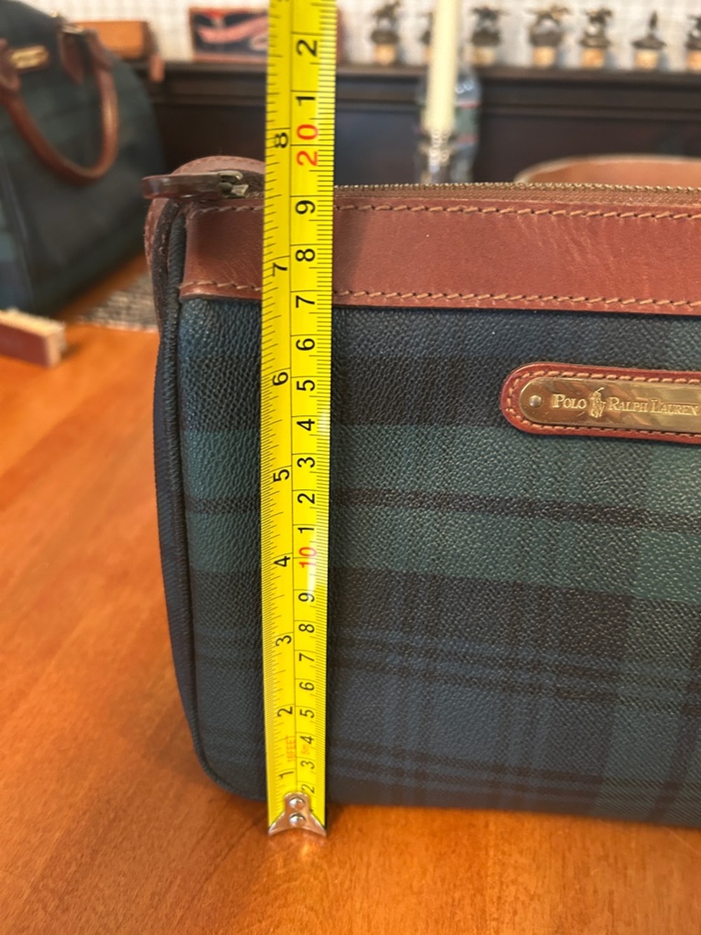 Ralph Lauren Green and Black Plaid Toiletry Crossbody with Brown Trim - Picture 5 of 7